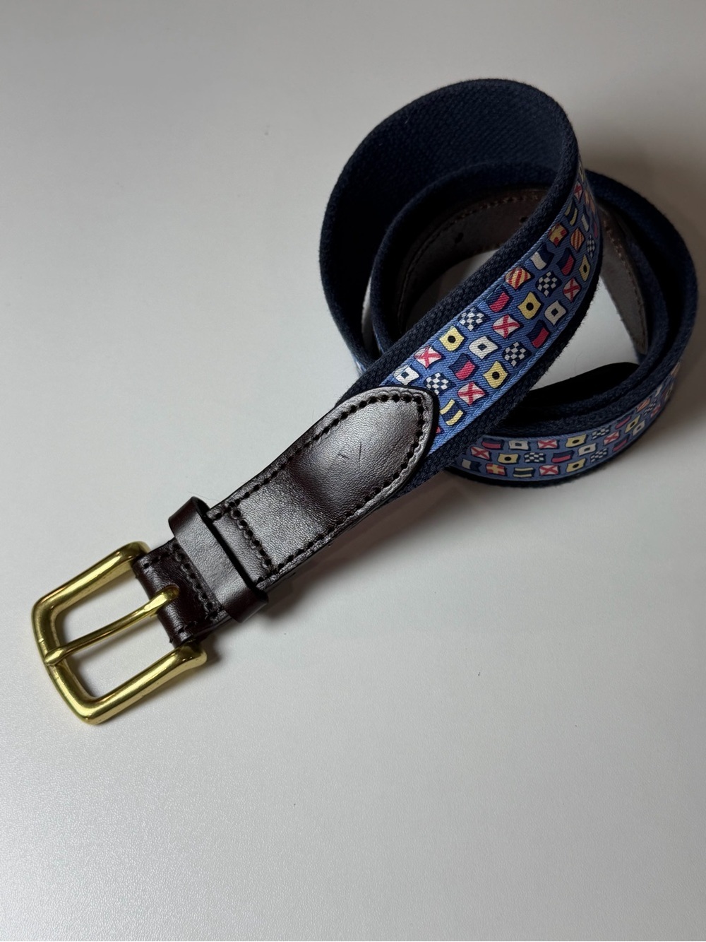 Men's Vineyard Vines 36W Nautical Navy Patterned Sailing Belt Brown Leather Trim